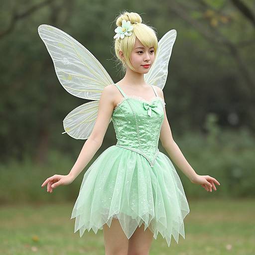 Photograph of a young woman with blonde hair in a bun, wearing a light green fairy dress and transparent wings, standing in a grassy forest.