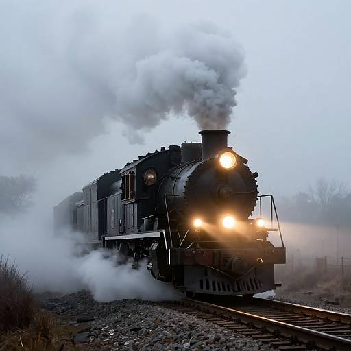 Photograph of a vintage black steam locomotive with bright headlights and billowing white smoke, traveling on a misty, overcast train track.