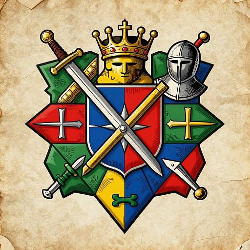 Colorful medieval heraldic crest with a golden crown, crossed swords, and armored helmet, set against a parchment background with colorful shield sections. Digital illustration