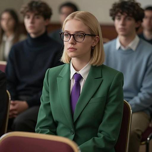 Blonde woman in green blazer with glasses seated in meeting