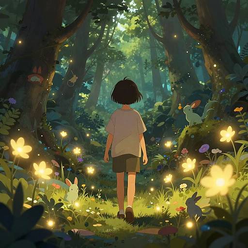 Digital anime-style illustration of a child in a white shirt and black shorts walking through a magical, illuminated forest, surrounded by glowing fireflies, colorful flowers
