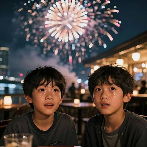 Mischievous Boys in Nighttime Cityscape