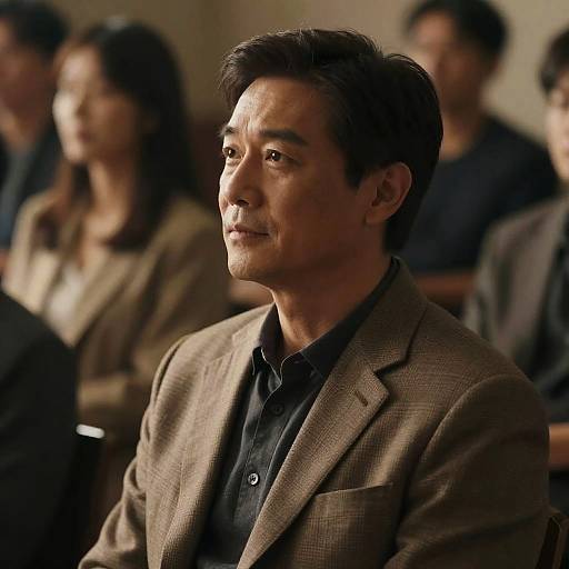 Photograph of an Asian man with short black hair, wearing a brown checkered blazer over a black shirt, seated in a dimly lit room