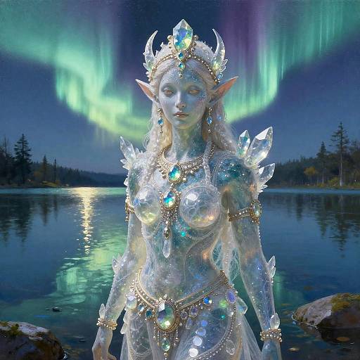 Photorealistic digital artwork of a glowing, elf-like woman with blue skin and pointed ears, adorned with crystal jewelry, standing in a serene lake under