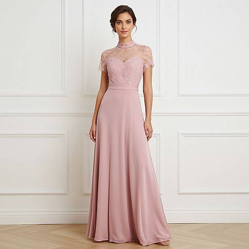 Photograph of a woman in a pink lace and satin floor-length gown, standing against a white paneled wall with wooden floor.