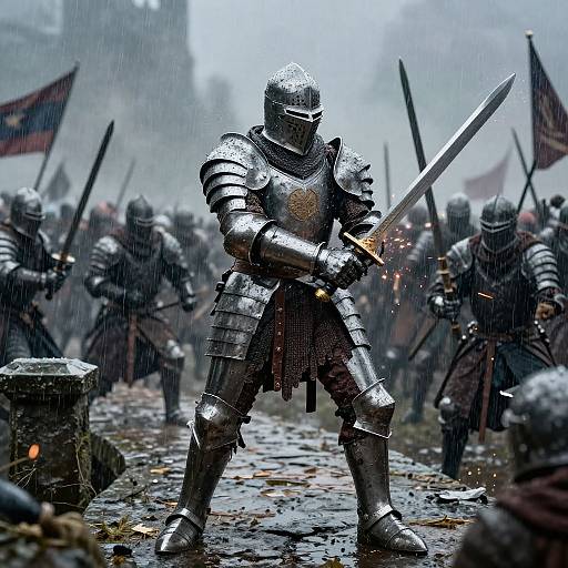 Photograph of armored knights in rain, holding swords, standing in a muddy, foggy battlefield with flags, and fellow warriors in the background.