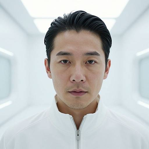 Photograph of a serious-looking Asian man with short black hair, light skin, and brown eyes, wearing a white zip-up jacket, centered against a