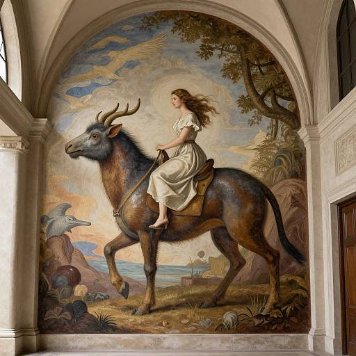 Museum painting of a fair-skinned woman with flowing brown hair riding a majestic, horned, dark brown deer through a lush, mythological landscape