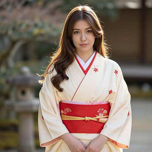 Photograph of a young Japanese woman with long, wavy brown hair, wearing a white kimono with red accents and floral patterns, standing in a