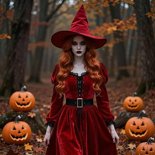 Young woman in red witch costume with pumpkins