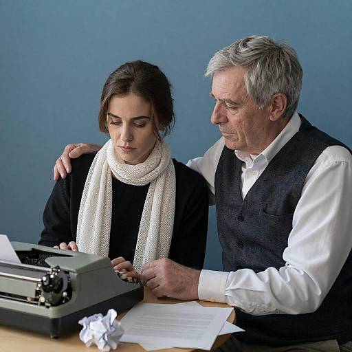 Older Man Comforts Woman Using Typewriter
