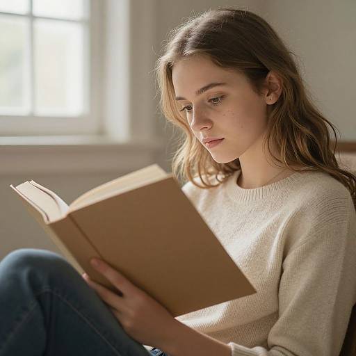 Photograph of a young woman with fair skin and brown hair, wearing a cream sweater and blue jeans, reading a brown book in a sunlit room