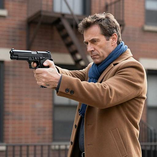 Serious Man Aiming Handgun in Sunlight