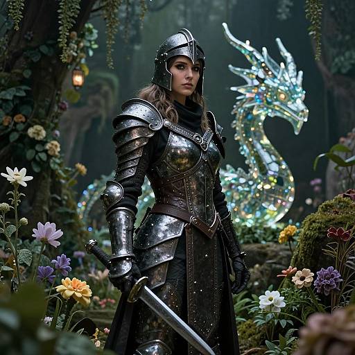 Photorealistic fantasy scene: armored woman with helmet, holding sword, stands in enchanted forest with glowing dragon and vibrant flowers.
