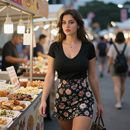 Photograph of a young woman with medium-length brown hair, black V-neck top, and black floral skirt, walking past a brightly lit food stall at