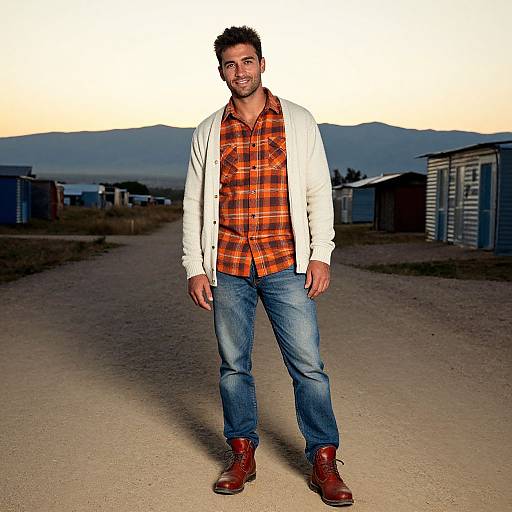 Photograph of a smiling man with short dark hair, wearing a white jacket, orange plaid shirt, blue jeans, and brown boots, standing on