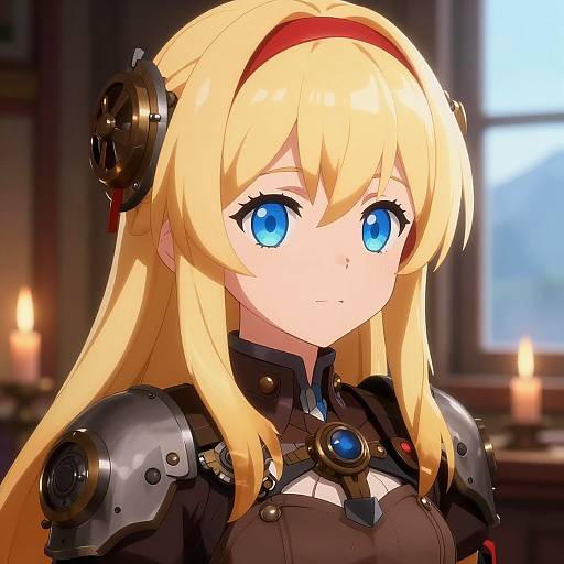 Digital anime-style drawing of a blonde girl with blue eyes, wearing black steampunk armor, red headband, and blue gem, in a dim