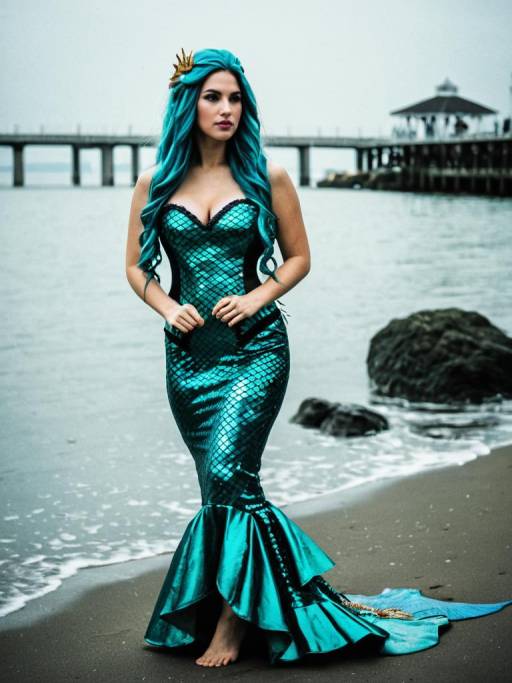Woman in Detailed Mermaid Costume on Beach