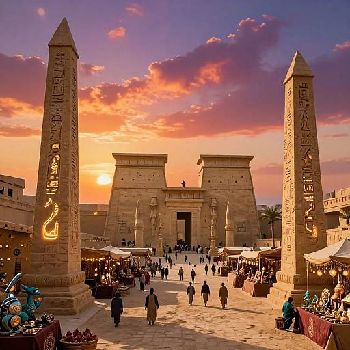 Photograph of a bustling Egyptian market at sunset, featuring two tall, inscribed stone obelisks, ancient gate, colorful stalls, and people walking