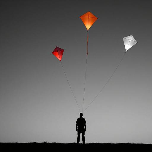Silhouetted person flying three colorful kites—red, orange, white—against a twilight gradient sky. Photo captures serene, minimalist evening scene