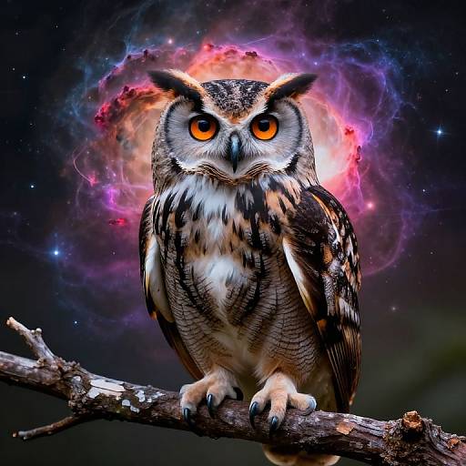 Photograph of a striking owl with vivid orange eyes, perched on a branch against a cosmic nebula background, blending natural and celestial elements.
