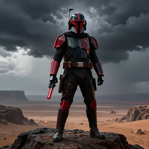 Digital artwork of a Mandalorian warrior in red and black armor, holding a red lightsaber, standing on a desert rock under stormy skies.