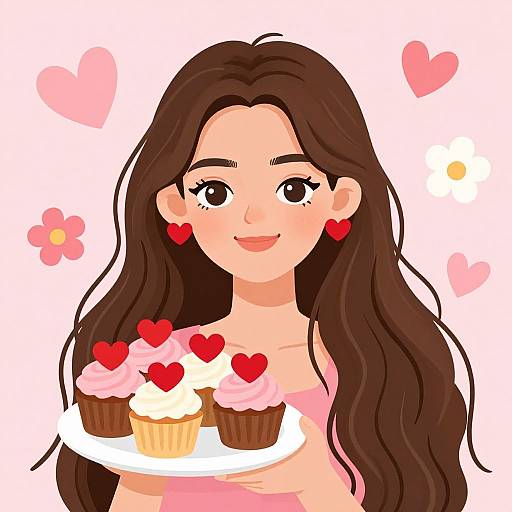 Digital illustration of a smiling woman with long brown hair, red heart earrings, holding a plate of cupcakes with red hearts. Background features pink hearts and flowers
