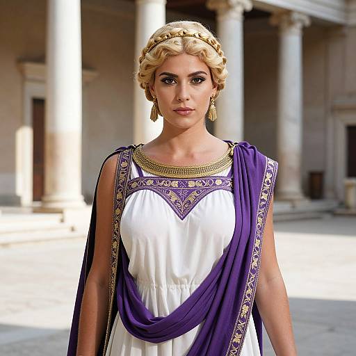 Photograph of a blonde woman with curly hair, wearing a white and purple ancient Greek-style dress, gold earrings, and gold necklace, standing in a