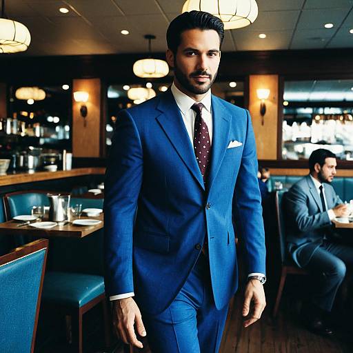 Man in Blue Suit at Restaurant
