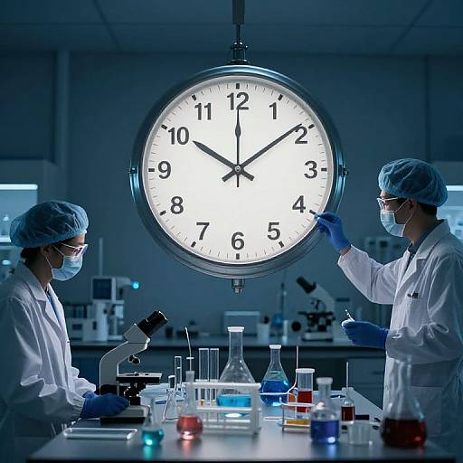 Photograph of two scientists in lab coats and masks, one adjusting a large clock, working in a blue-lit laboratory with various chemicals and lab equipment