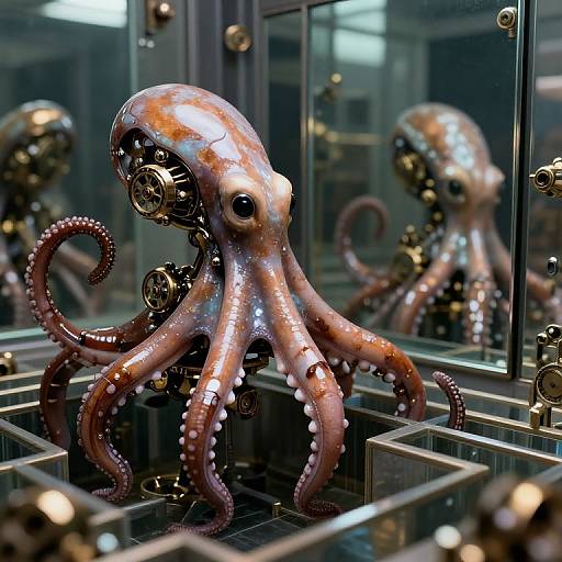 Photograph of a metallic octopus sculpture with copper gears and reflective, reddish-brown tentacles, displayed in a glass case.