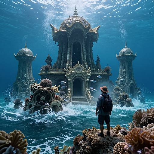 Digital artwork of a lone figure in a blue jacket and hat, standing on a coral reef, facing an underwater temple with intricate architecture, surrounded by waves
