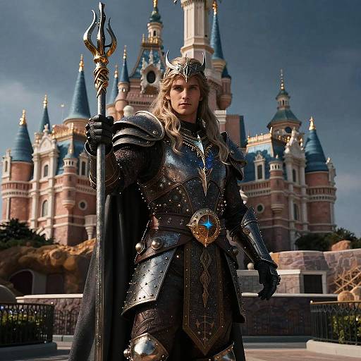 CGI image of a blonde woman in detailed, dark metallic armor with a crown and trident, standing before a majestic, blue-turreted castle