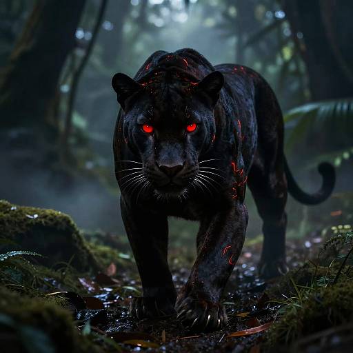 Digital artwork of a dark, glowing red-eyed black panther with red cracks on its fur, walking through a misty, dense forest.