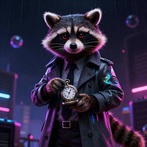 Neon-Noir Space Detective Raccoon Amidst Storm