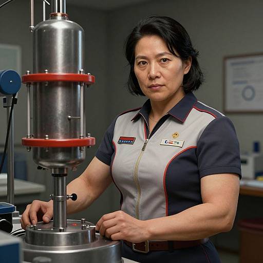 Photograph of an Asian woman with short black hair, wearing a gray and navy short-sleeved work shirt, operating a metal cylindrical machine in a