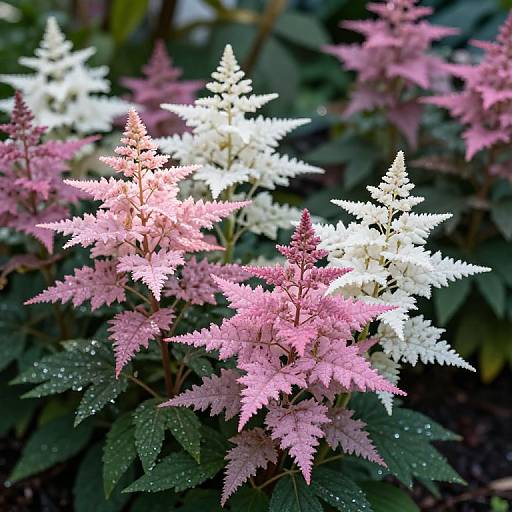 Photograph of vibrant pink and white Japanese maple flowers with sharp, spiky petals, surrounded by dark green leaves, creating a striking contrast.