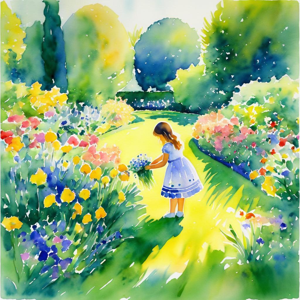 Watercolor Girl Picking Flowers in Garden