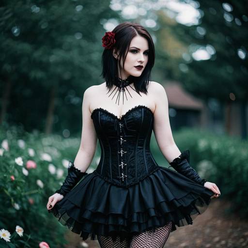 Gothic Cosplay Woman in Black Corset and Skirt