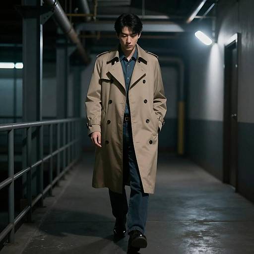 Mysterious Man in Industrial Hallway