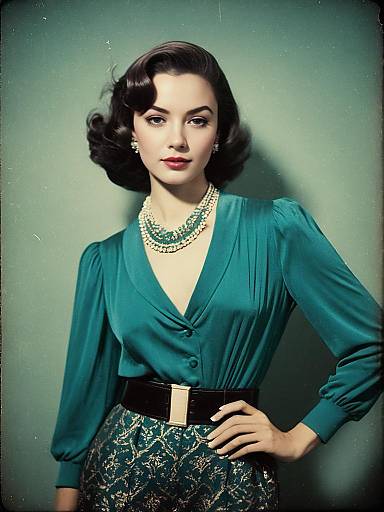 Chic woman in teal vintage outfit