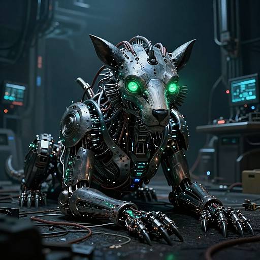 CGI image of a futuristic, metallic, robotic cat with glowing green eyes, crouched in a dimly lit, high-tech lab.
