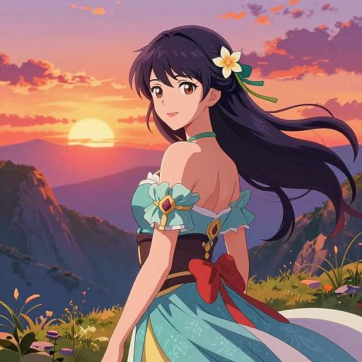 Anime-style digital art of a smiling girl with long black hair, wearing a blue off-shoulder dress with red bow, flower hairpiece, standing