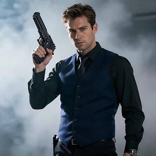 Serious Man Holding Handgun in Smoke