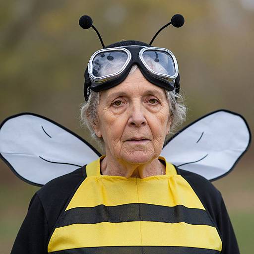Photograph of an elderly woman with gray hair, wearing bee costume: black and yellow striped shirt, white wings, and black antennae goggles. Bl
