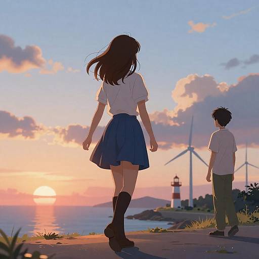 Coastal Sunset Walk with Wind Turbines