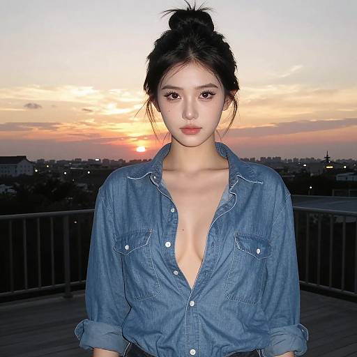 Photograph of an Asian woman with fair skin and black hair in a bun, wearing an unbuttoned denim shirt, standing on a rooftop at sunset