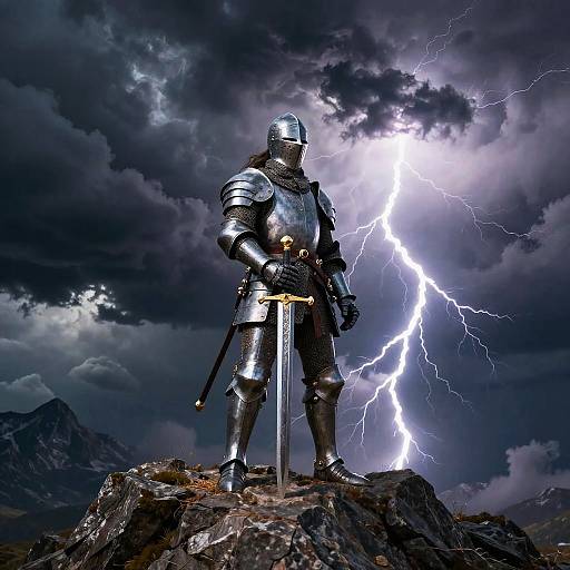 Photorealistic digital art of armored knight with helmet, standing on rocky peak, holding sword, surrounded by dark stormy sky with bright lightning.