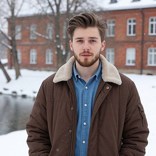 Photograph of a bearded white man with brown hair, wearing a brown jacket with a white fleece collar over a blue shirt, standing in a snowy