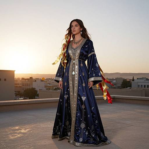 Photograph of a woman with long brown hair in a dark blue, ornate, embroidered traditional dress, standing on a rooftop at sunset, with city